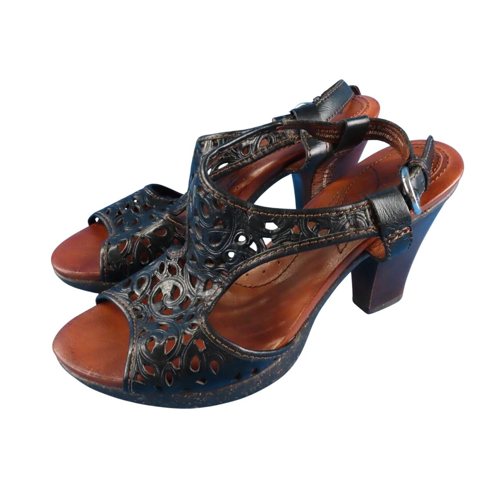 NAYA Anthropologie BLACK LASER CUT TOOLED LEATHER Slingback Heels Sandals 6.5 M